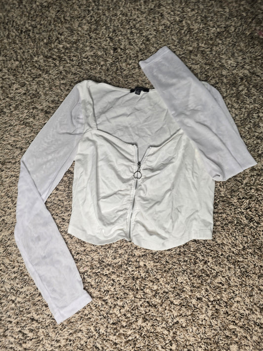White Mesh Long Sleeve Zip-Front Crop Top