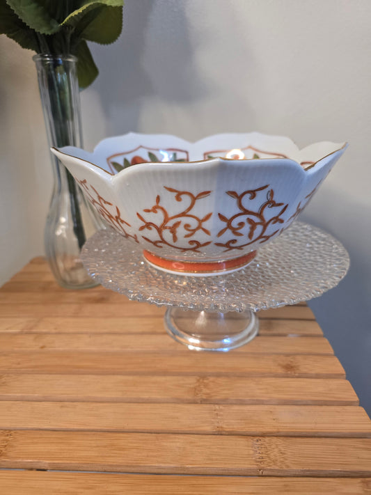 Vintage 8” Japan Lotus Bowl Scrolls Kumquat Leaves Scalloped Edges image 1