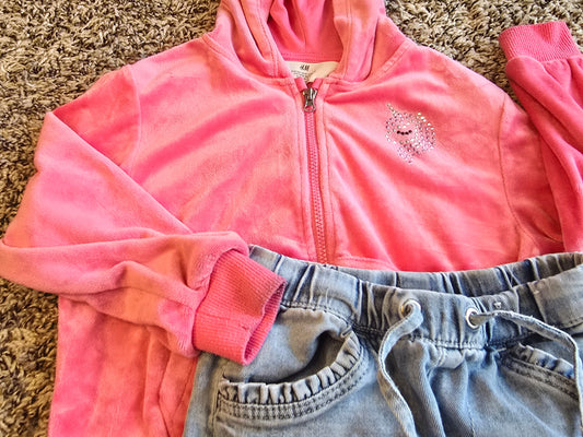 Girls H&M Pink Velour Hoodie & Blue Denim Joggers Mix & Match Set Size 3–4Y