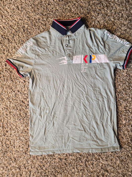 Alberto Cardinali Men's Gray Graphic Polo Shirt Short Sleeve Navy Collar Size M