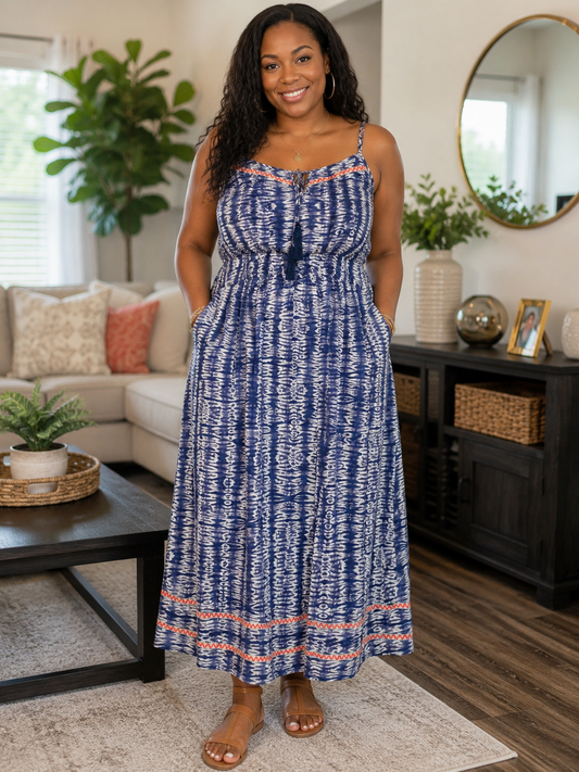 Blue & White Boho Maxi Dress with Front Slit size Medium