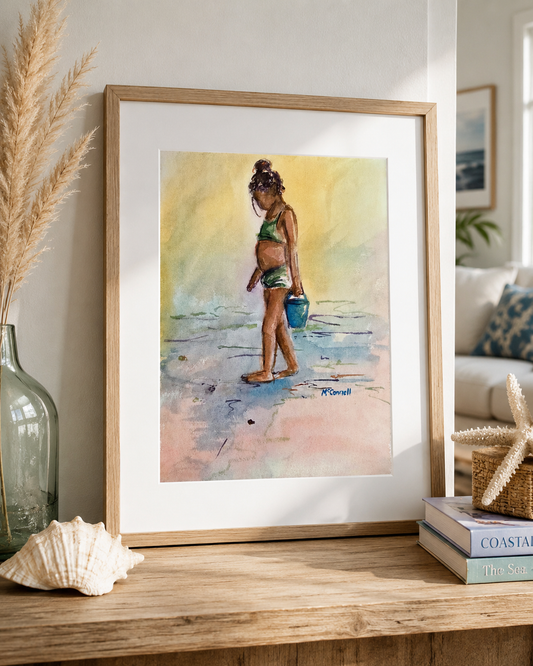 Original Signed McConnell Watercolor Painting Beach Girl w/ Blue Bucket Coastal Art