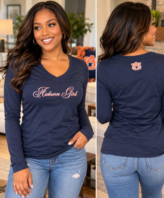 Auburn Tigers Women's XS Long Sleeve V-Neck Shirt Navy Blue Auburn Girl NCAA