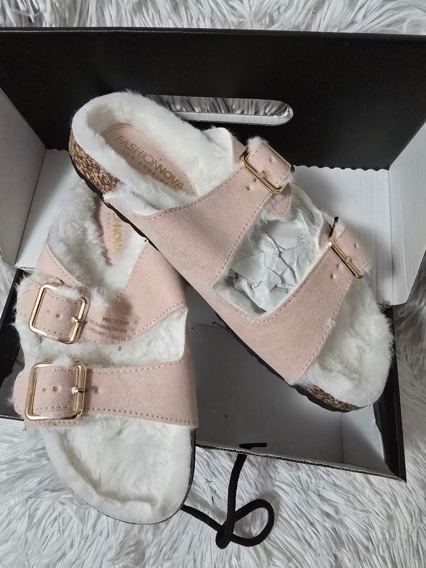Fashion Nova Women's Faux Fur Double Buckle Slide Sandals – Pink/Blue– Size 8