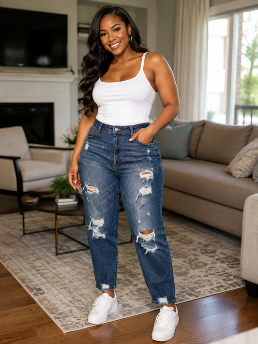 Women's Distressed Skinny Jeans – Medium Wash Denim