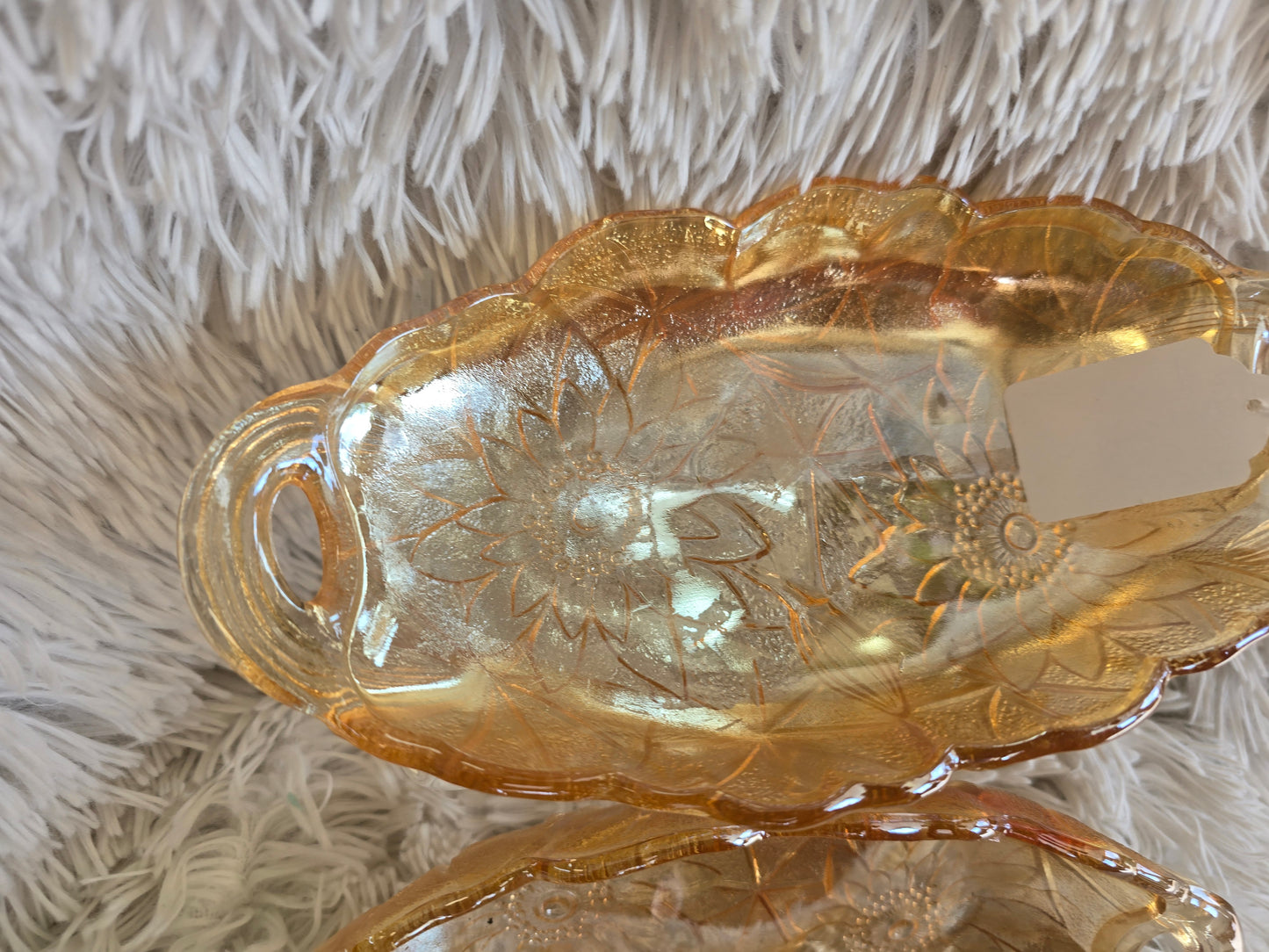 1970s Marigold Oval Glass Pickle Dish - Open Handles, Amber Gold Indiana Glass image 3