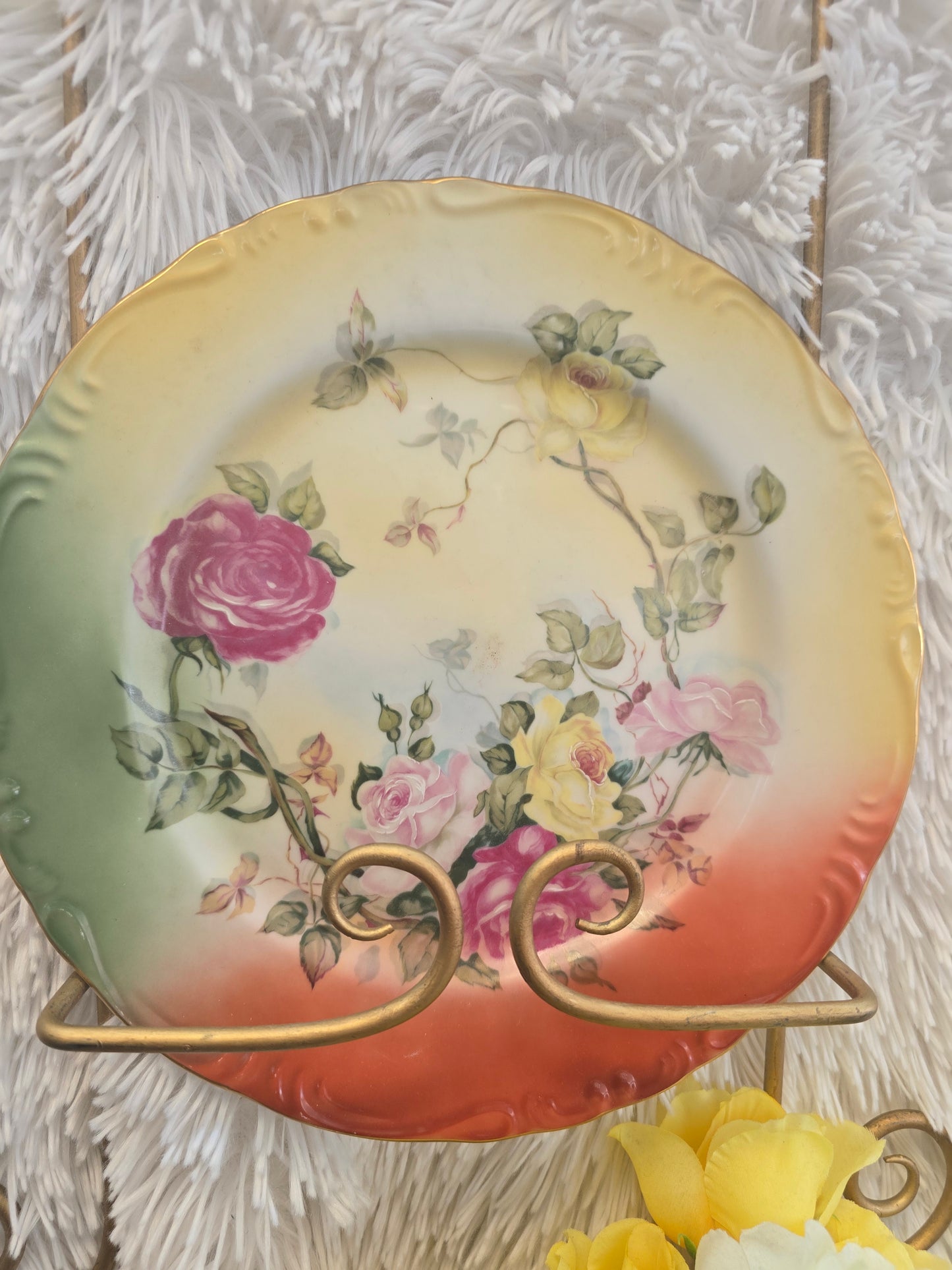 Vintage 1980s reproduction import RS Prussia Plate Pink Red Yellow Roses green image 0