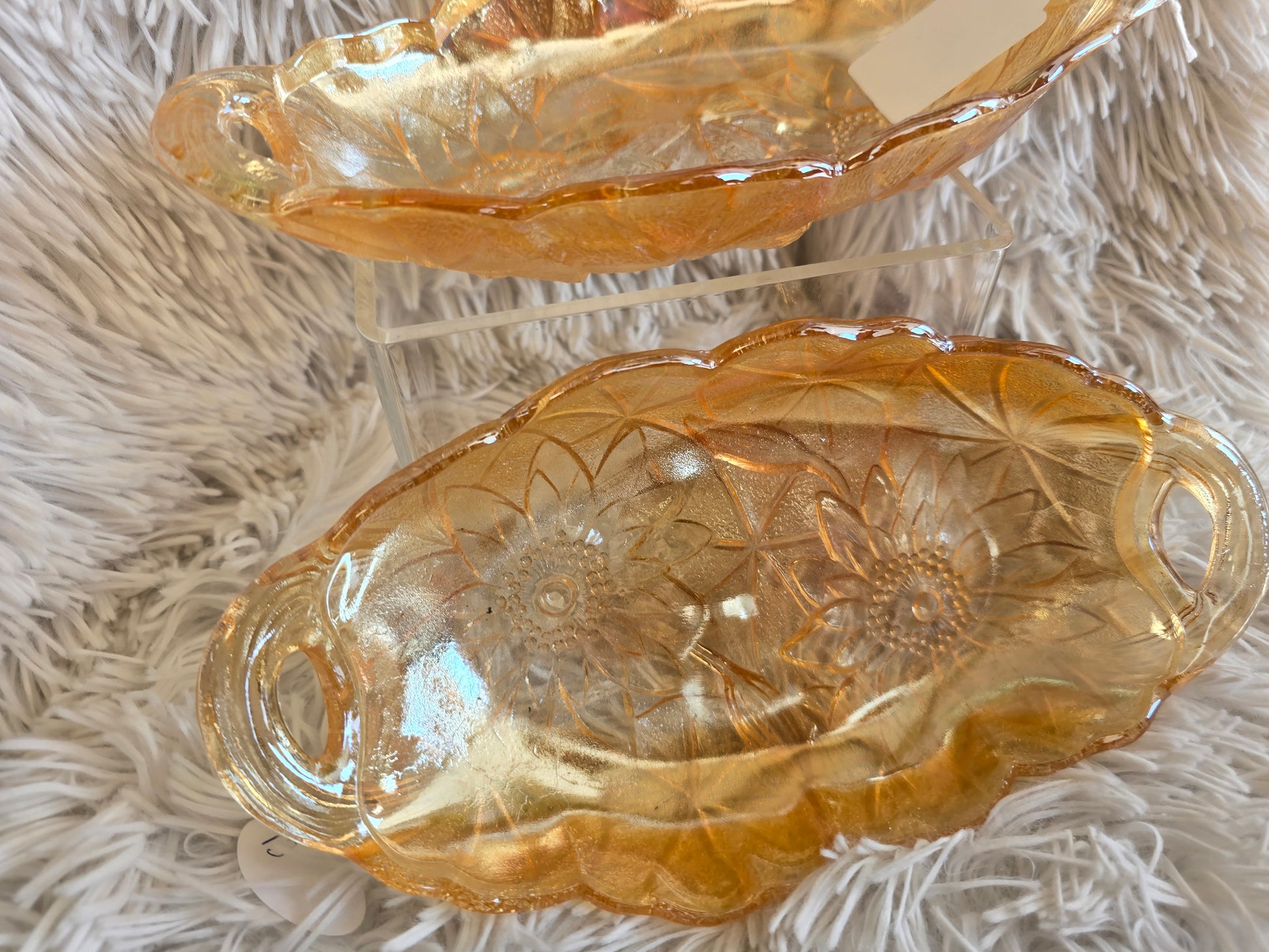 1970s Marigold Oval Glass Pickle Dish - Open Handles, Amber Gold Indiana Glass image 2