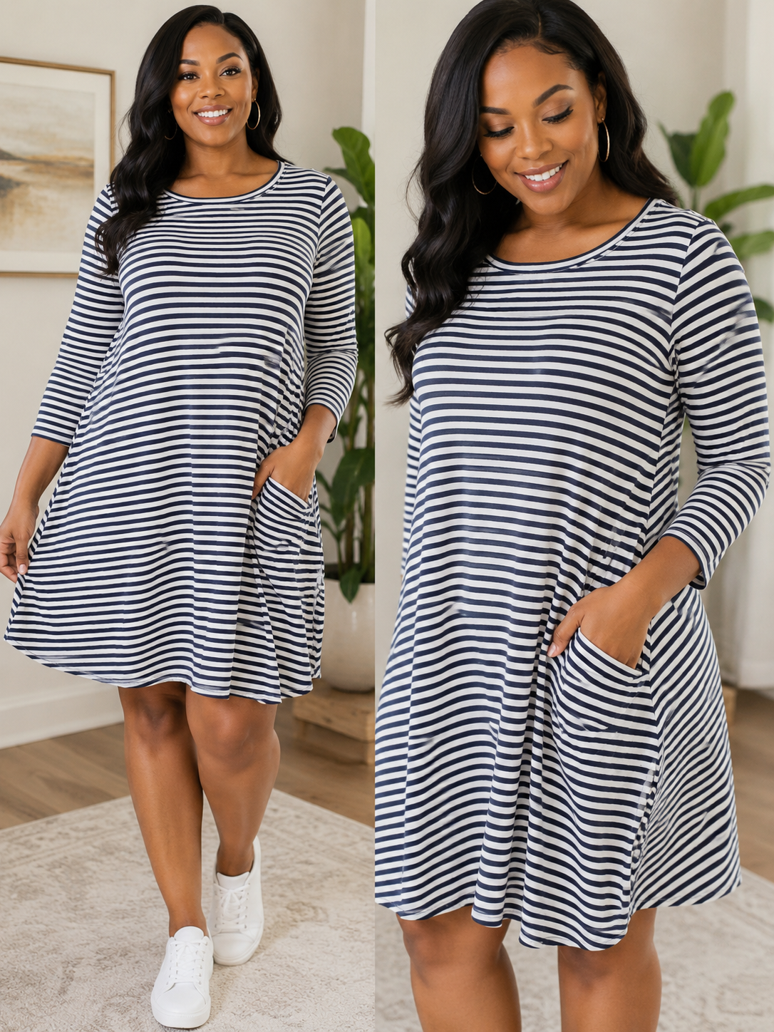 Women's Navy & White Striped Pocket Dress image 1