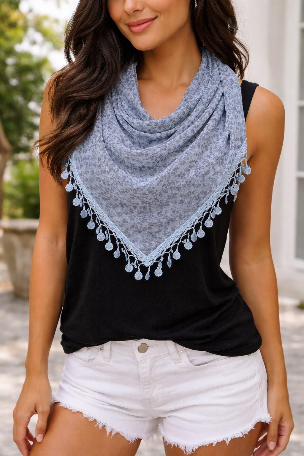 Light Blue Sheer Floral Triangle Scarf with Lace Trim – Boho Chic Style image 0