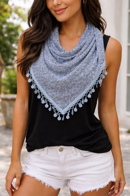 Light Blue Sheer Floral Triangle Scarf with Lace Trim – Boho Chic Style image 0