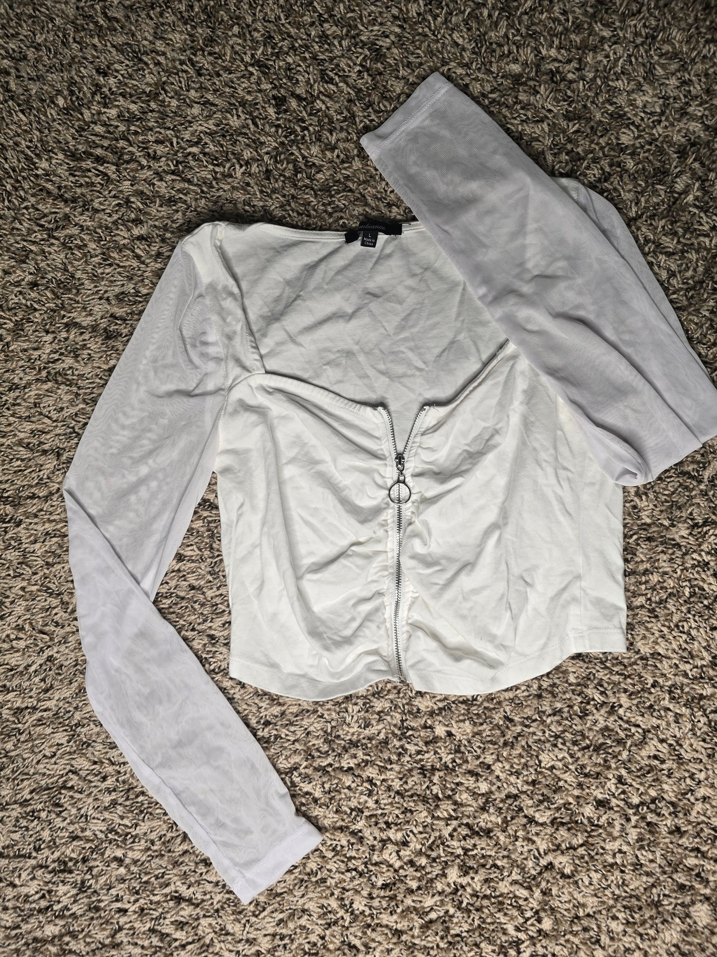 White Mesh Long Sleeve Zip-Front Crop Top