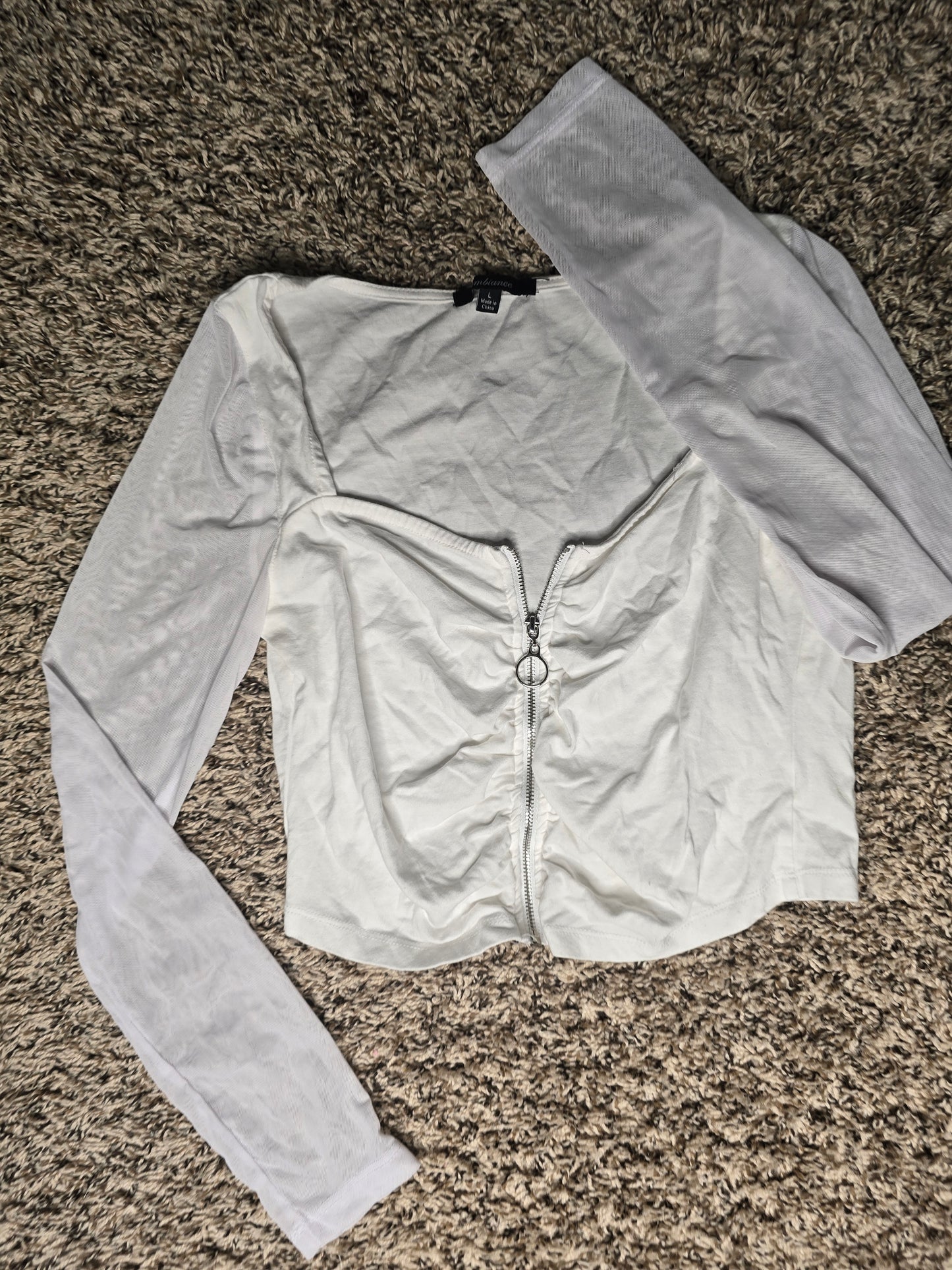 White Mesh Long Sleeve Zip-Front Crop Top