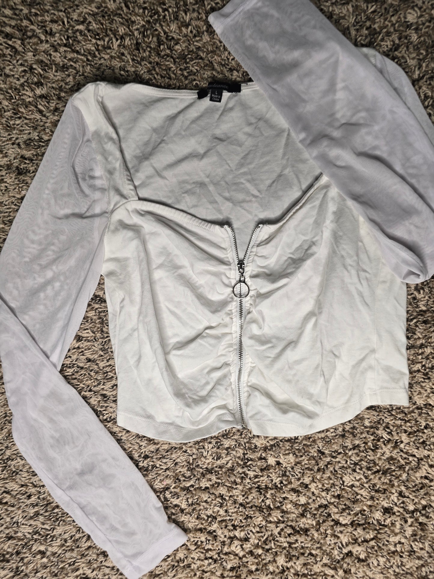 White Mesh Long Sleeve Zip-Front Crop Top