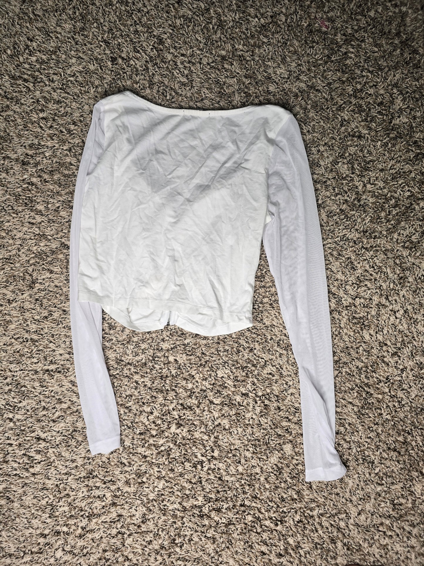 White Mesh Long Sleeve Zip-Front Crop Top
