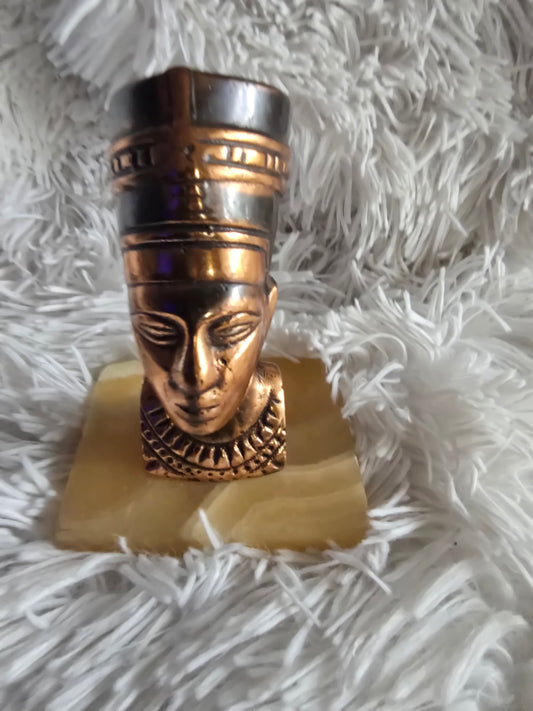 Vintage Egyptian Queen Bust Figurine on Onyx Base – Copper Tone Decorative Statue