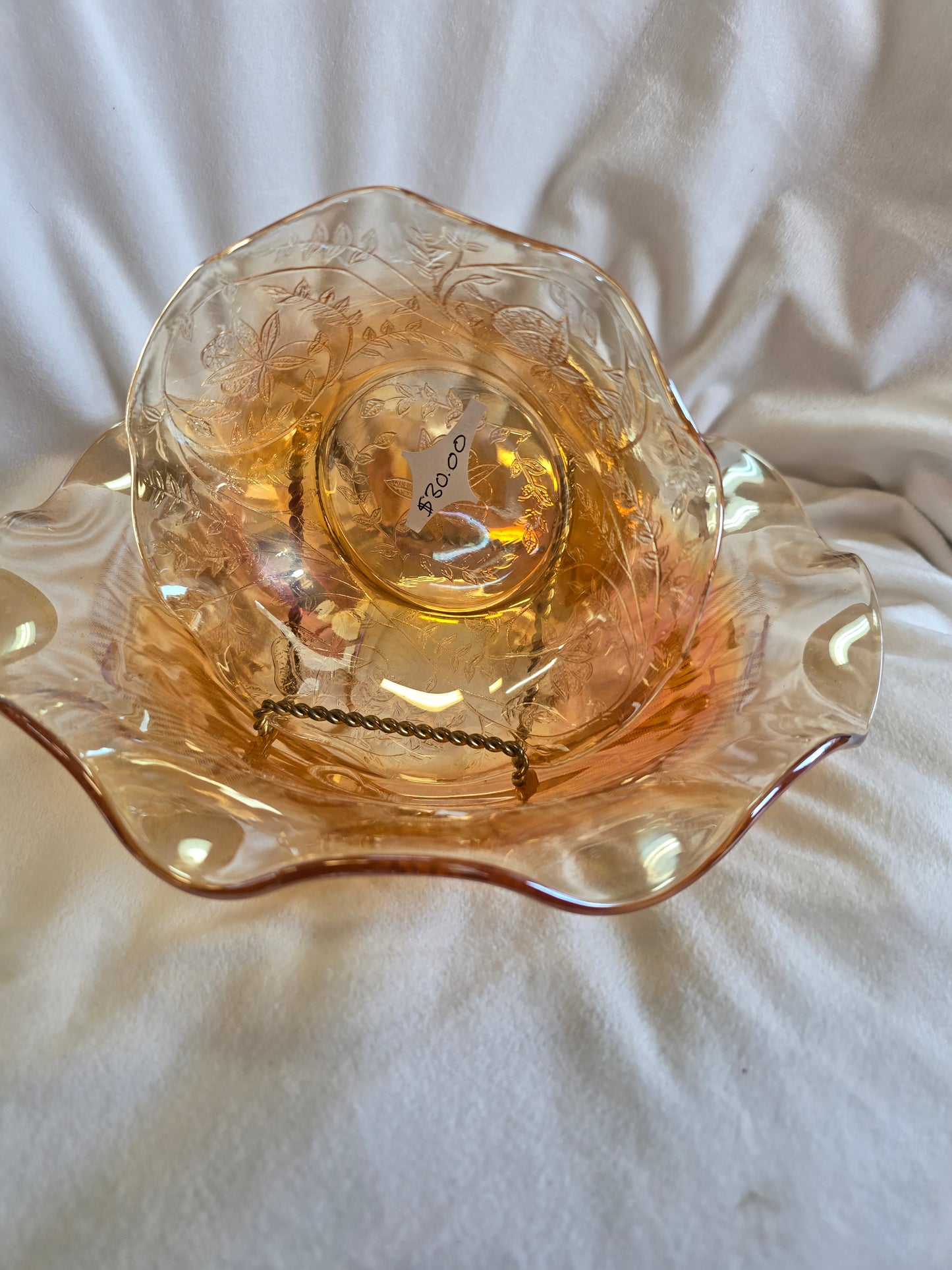 Vintage Jeannette Glass Floragold Louisa pattern Carnival glass serving bowl wit image 5