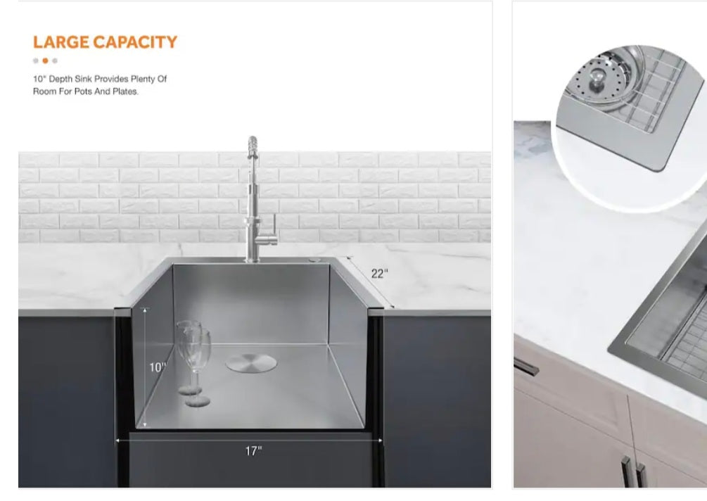All in one dual mount 16g stainless steel 17in. 2-hole single bowl kitchen sink image 3