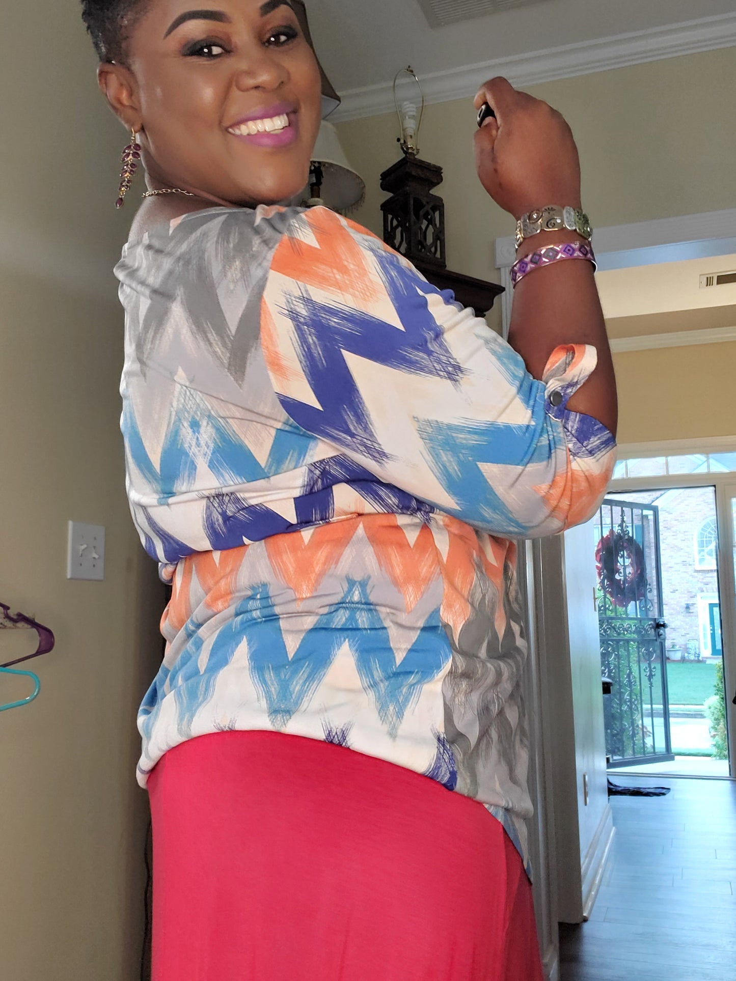 Woman blue and orange multicolor color blouse image 2