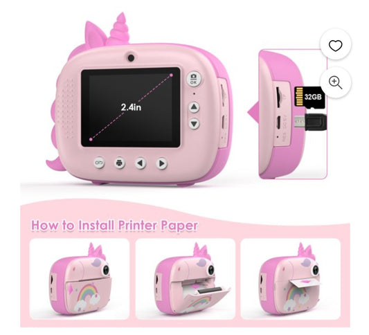 Kids Unicorn Instant Print Camera with 32GB Card – Pink image 0