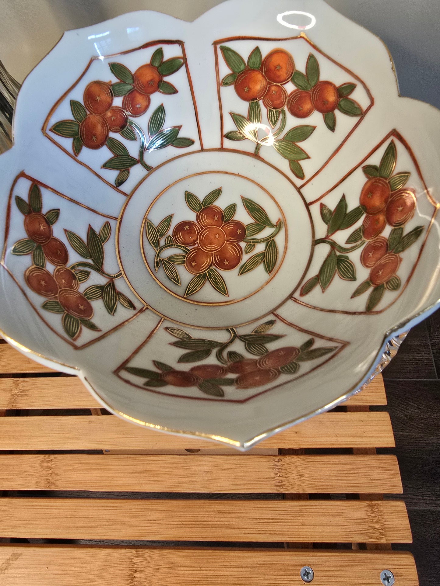 Vintage 8” Japan Lotus Bowl Scrolls Kumquat Leaves Scalloped Edges image 3