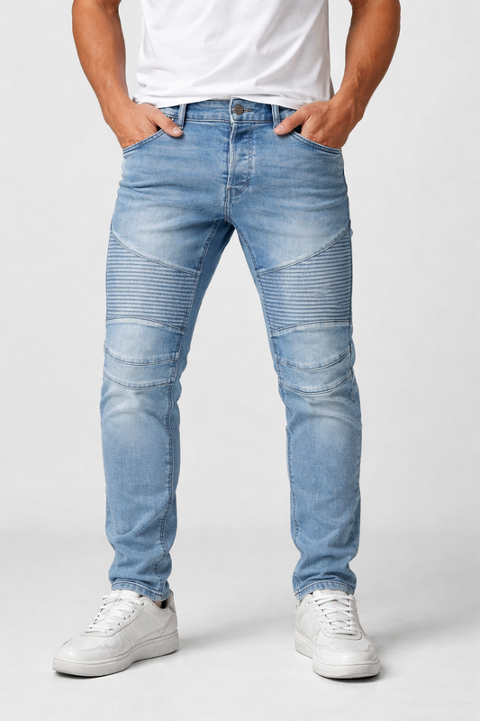 Men’s Divided Moto Jeans Size 33 Light Wash Slim Fit Ribbed Knee Biker Denim image 0