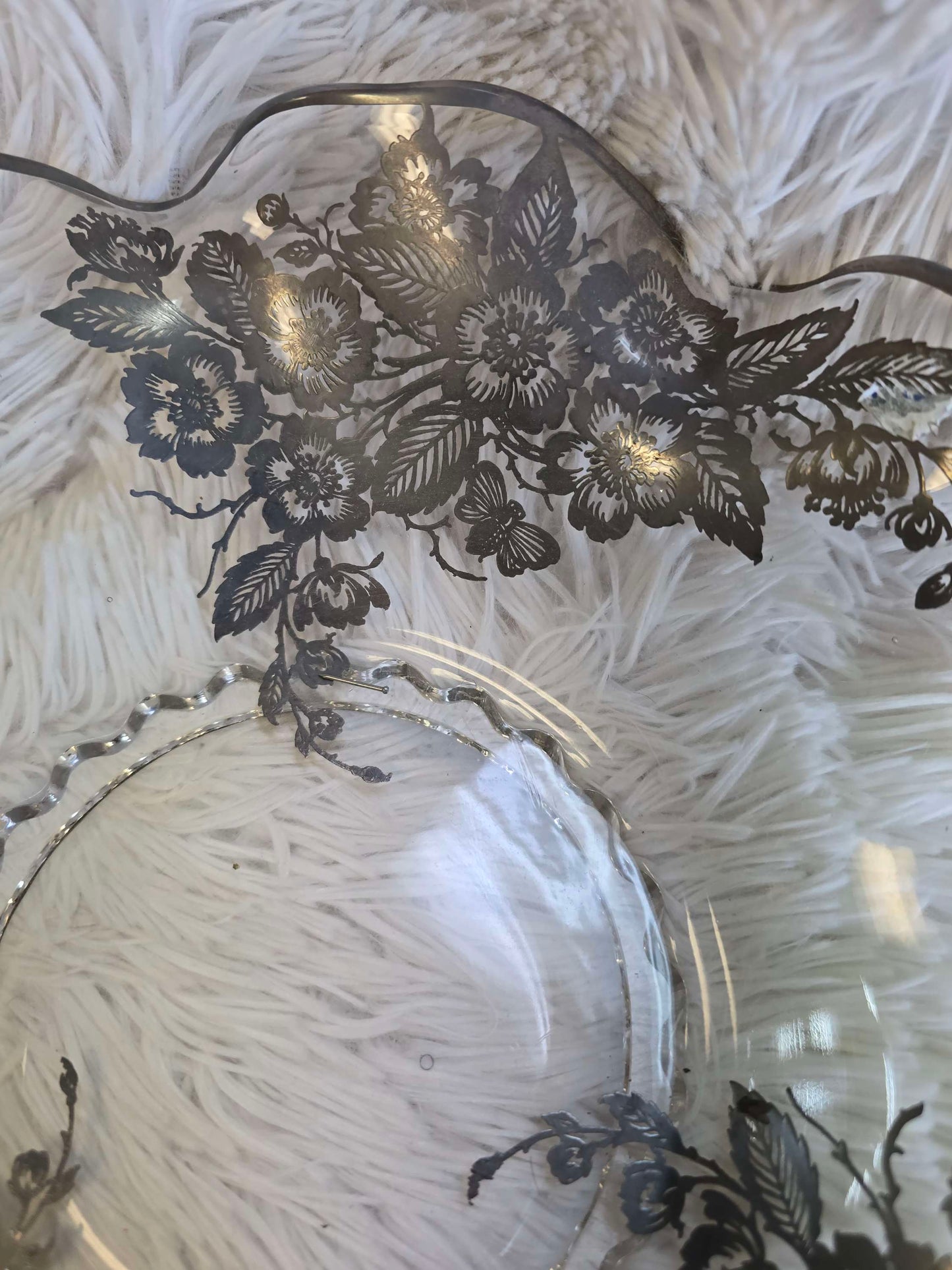 Vintage glass bowl with silver accent flowers image 2