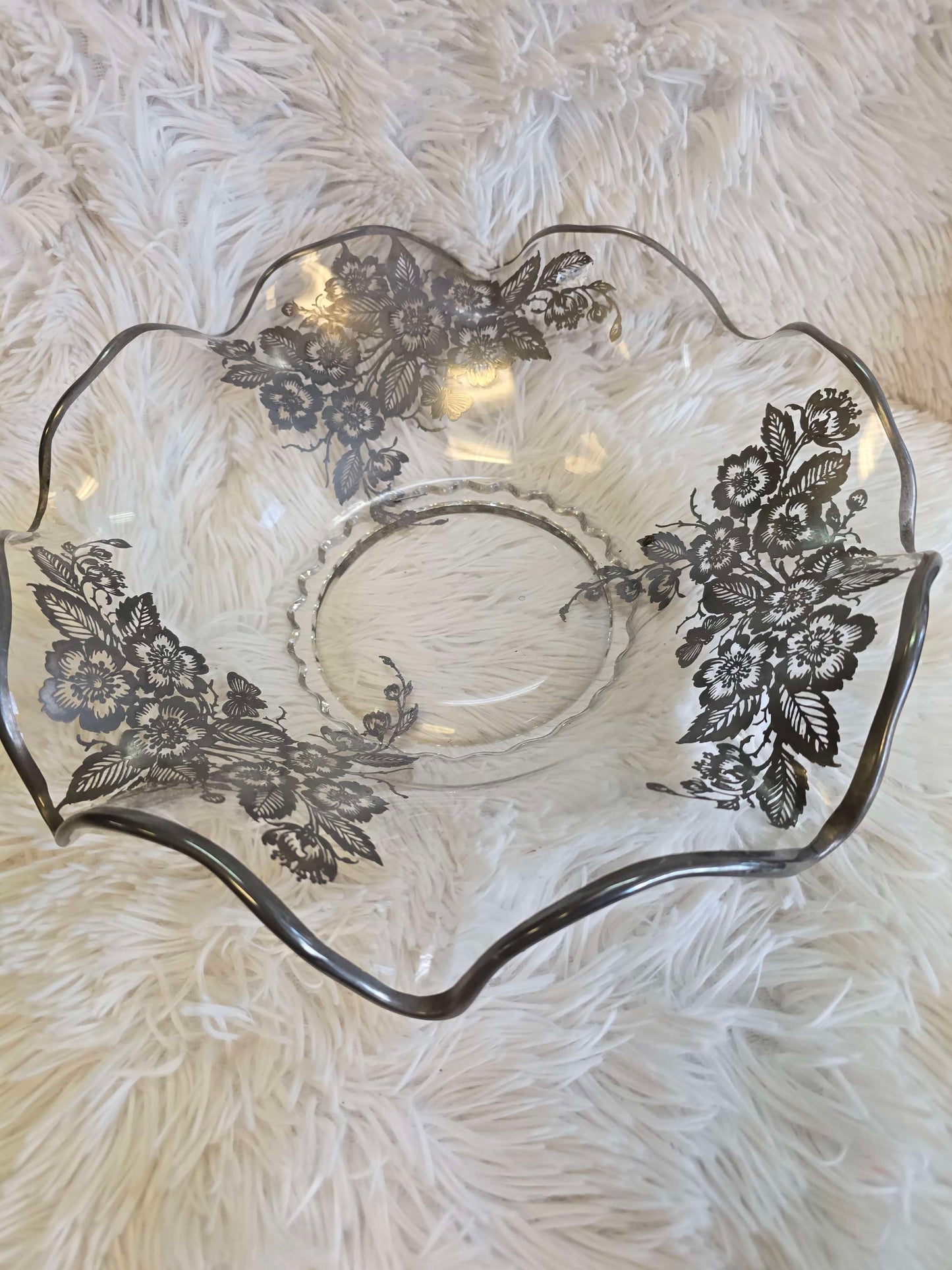 Vintage glass bowl with silver accent flowers image 0