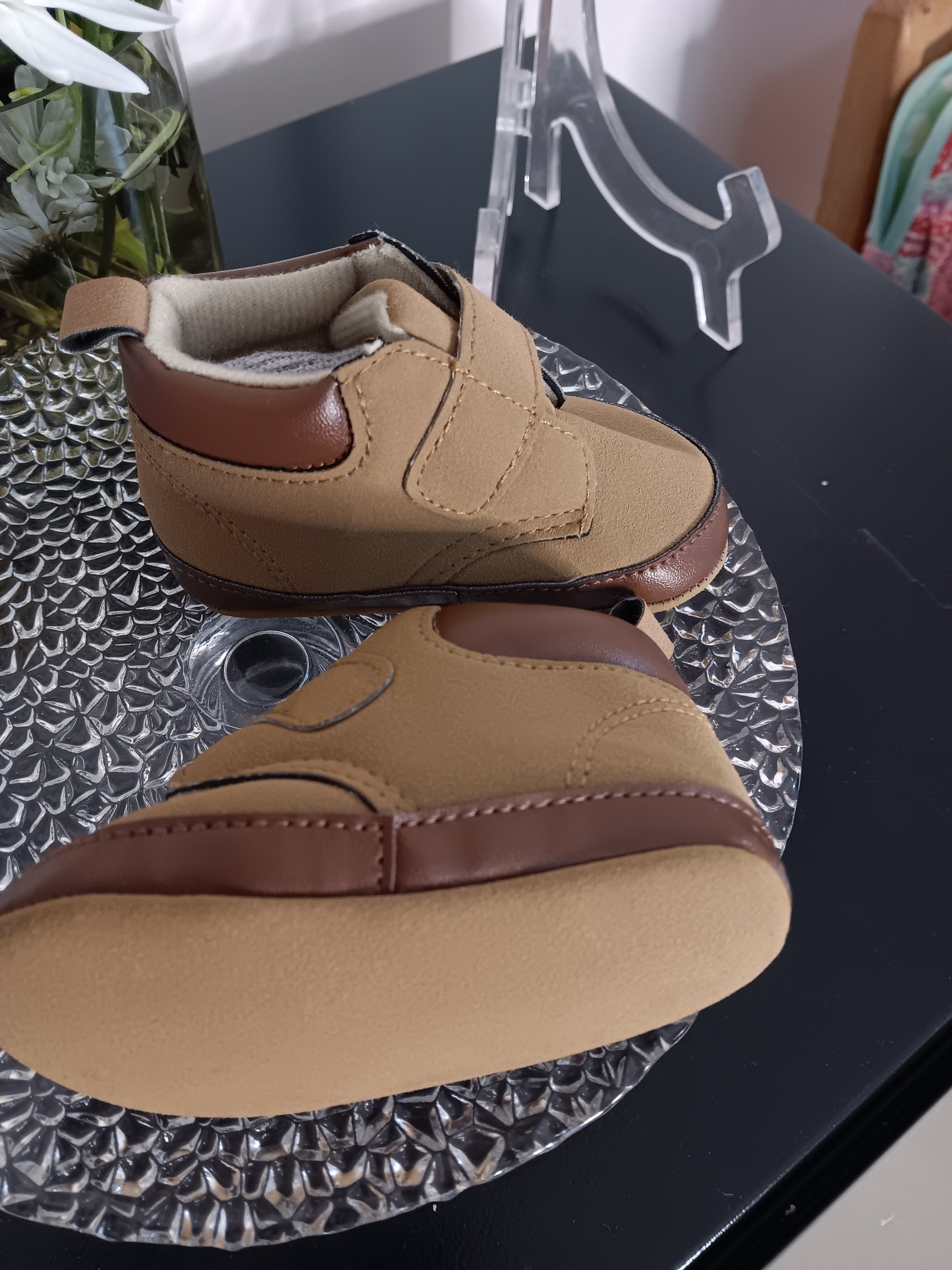 Baby Boys Soft Sole High-Top Crib Shoes – Tan & Brown image 3