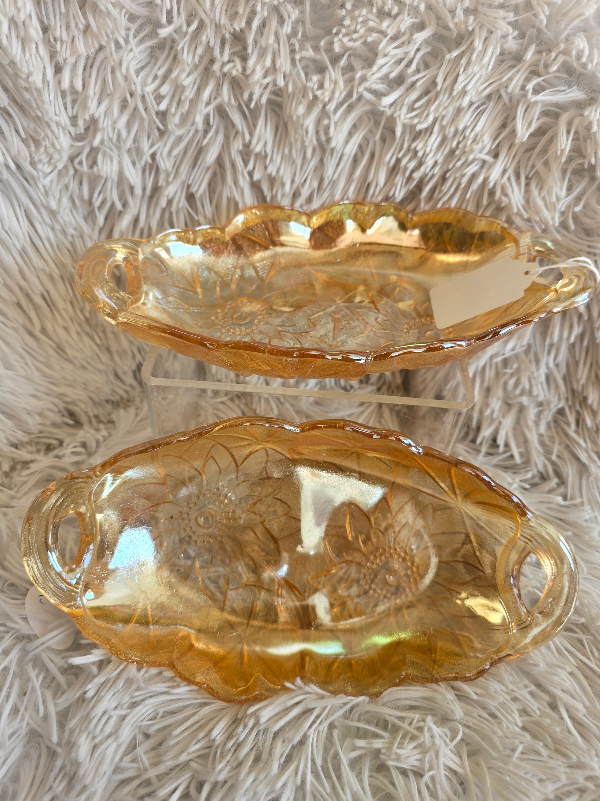 1970s Marigold Oval Glass Pickle Dish - Open Handles, Amber Gold Indiana Glass image 1