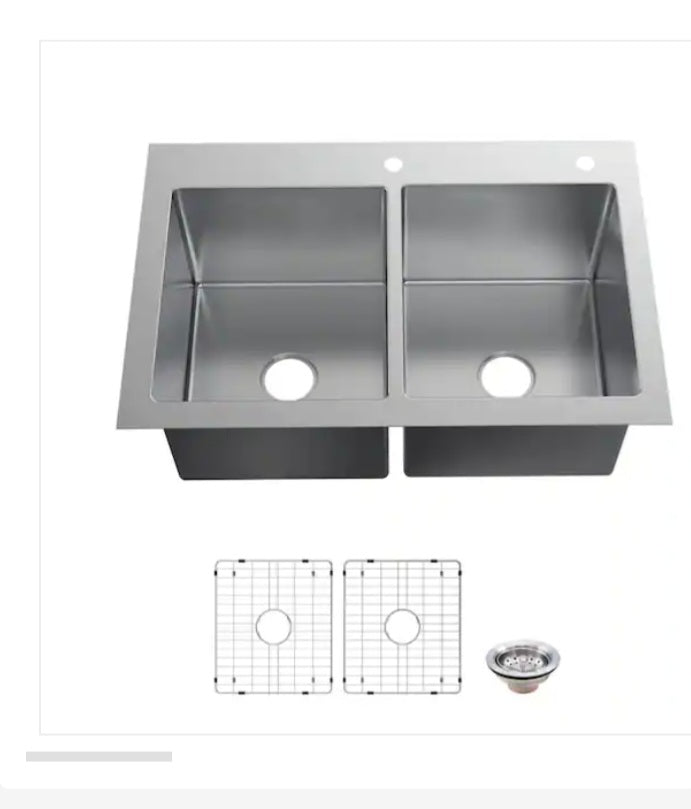 Tight Radius Drop-in/Undermount 18G Stainless Steel 33 in. 2-Hole 50/50 Double B image 1