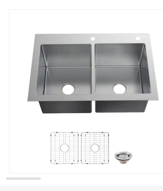 Tight Radius Drop-in/Undermount 18G Stainless Steel 33 in. 2-Hole 50/50 Double B image 1