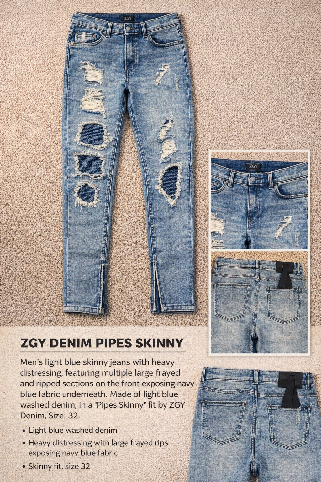 ZGY Denim Pipes Skinny Jeans – Men’s Size 32 image 2