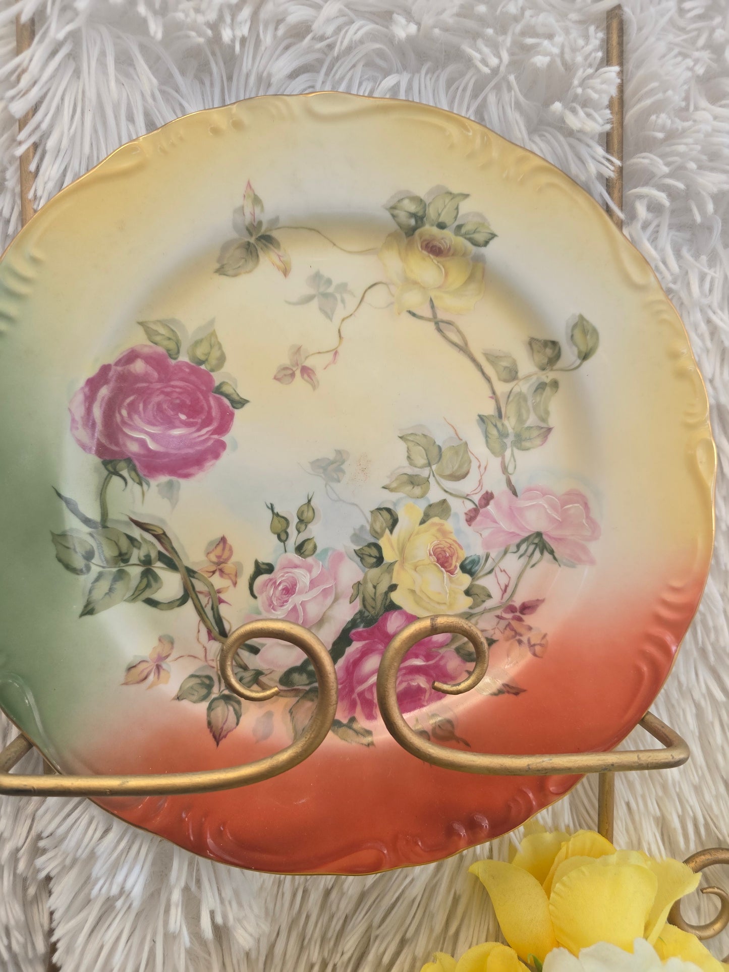 Vintage 1980s reproduction import RS Prussia Plate Pink Red Yellow Roses green image 2