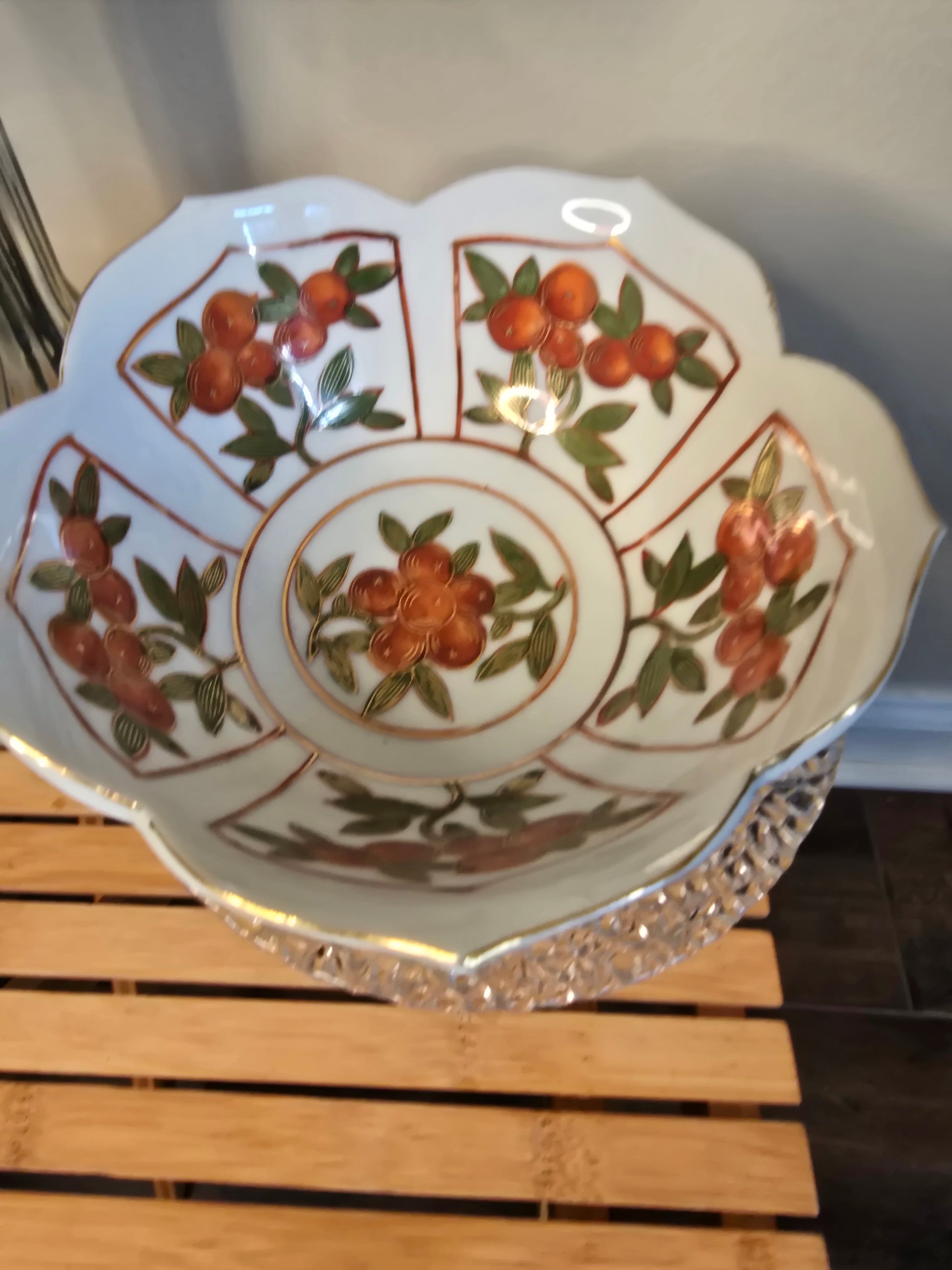 Vintage 8” Japan Lotus Bowl Scrolls Kumquat Leaves Scalloped Edges image 2