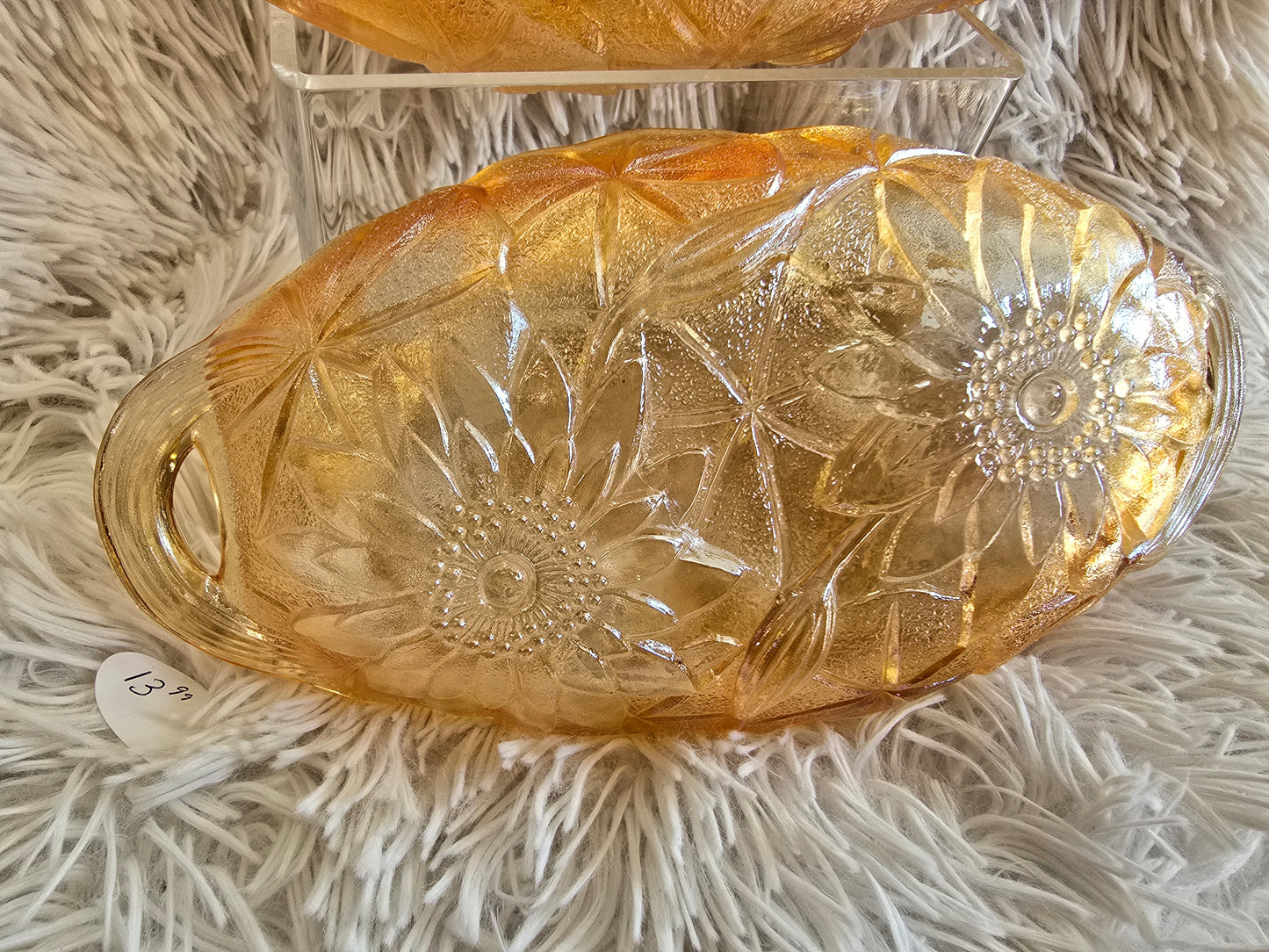 1970s Marigold Oval Glass Pickle Dish - Open Handles, Amber Gold Indiana Glass image 4