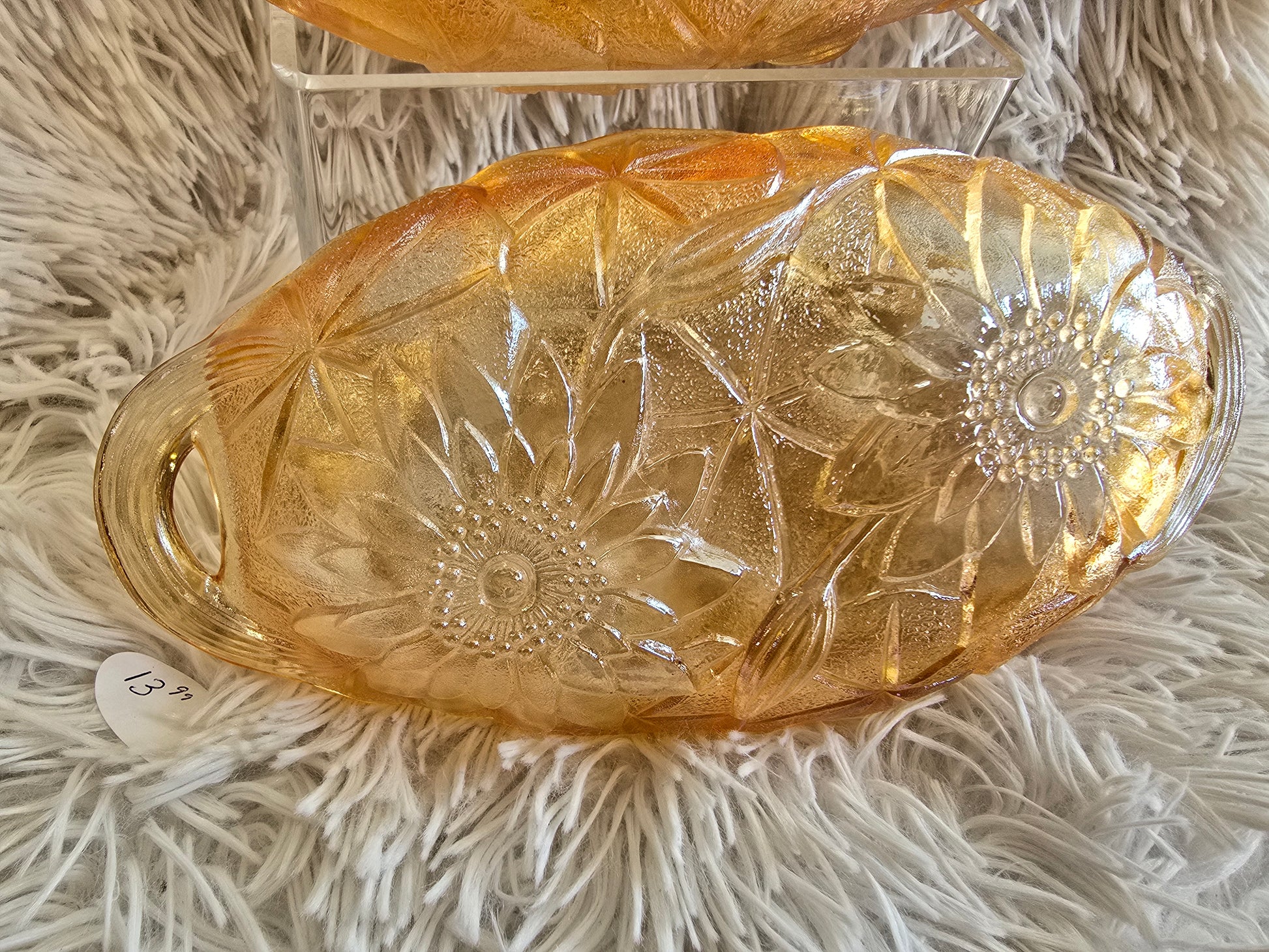 1970s Marigold Oval Glass Pickle Dish - Open Handles, Amber Gold Indiana Glass image 4