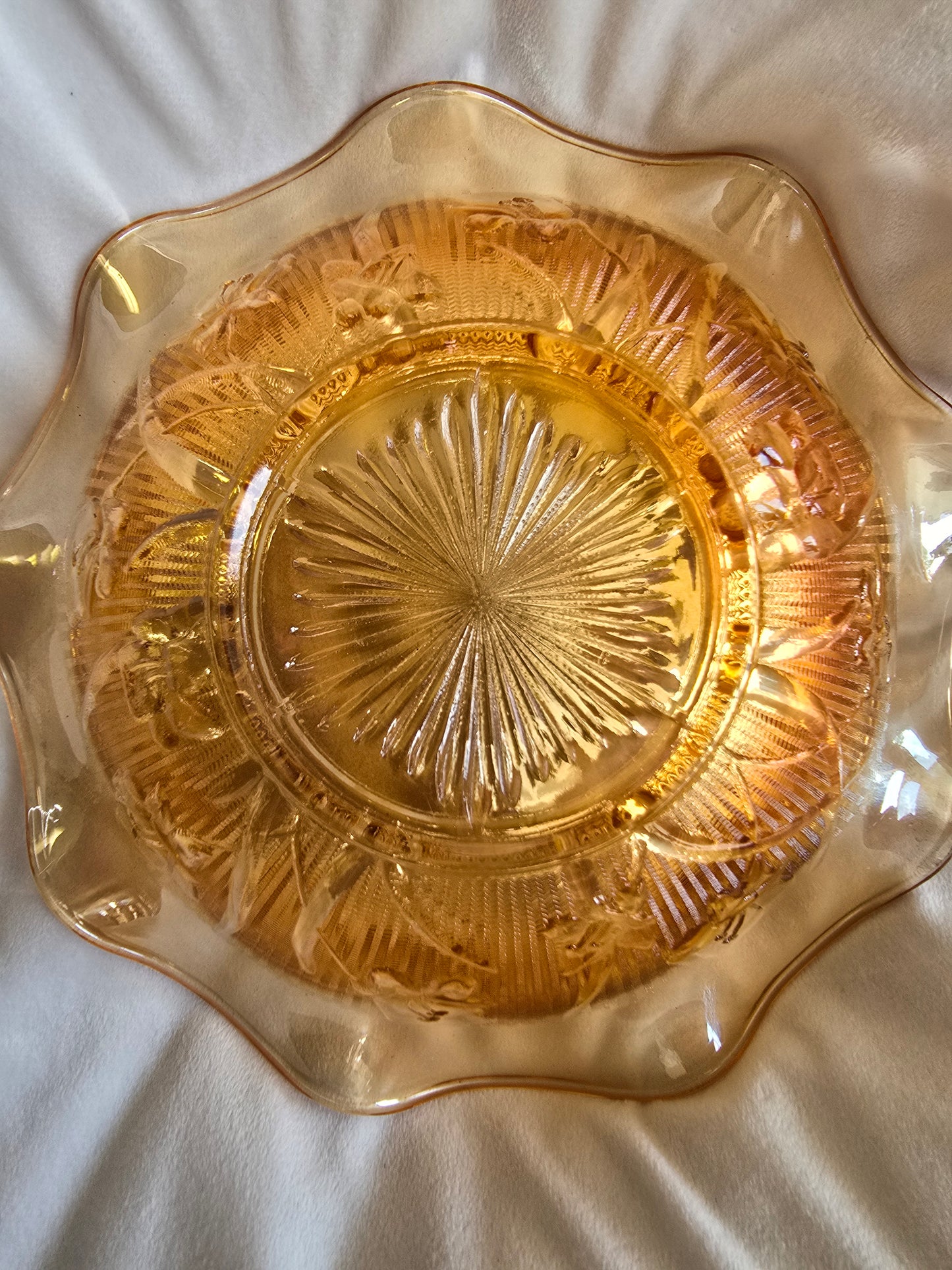 Vintage Jeannette Glass Floragold Louisa pattern Carnival glass serving bowl wit image 6