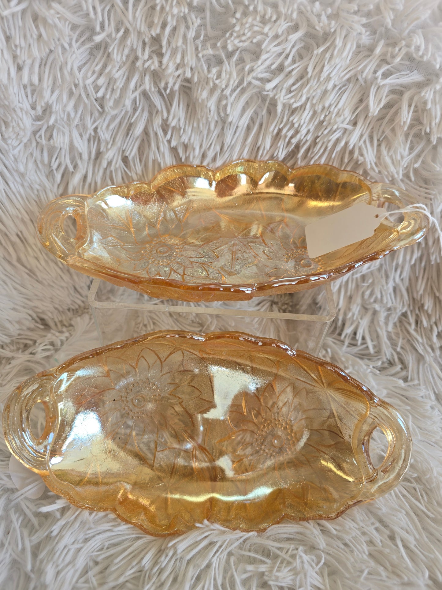 1970s Marigold Oval Glass Pickle Dish - Open Handles, Amber Gold Indiana Glass image 0