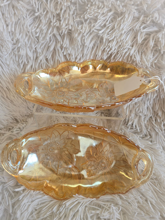 1970s Marigold Oval Glass Pickle Dish - Open Handles, Amber Gold Indiana Glass image 0