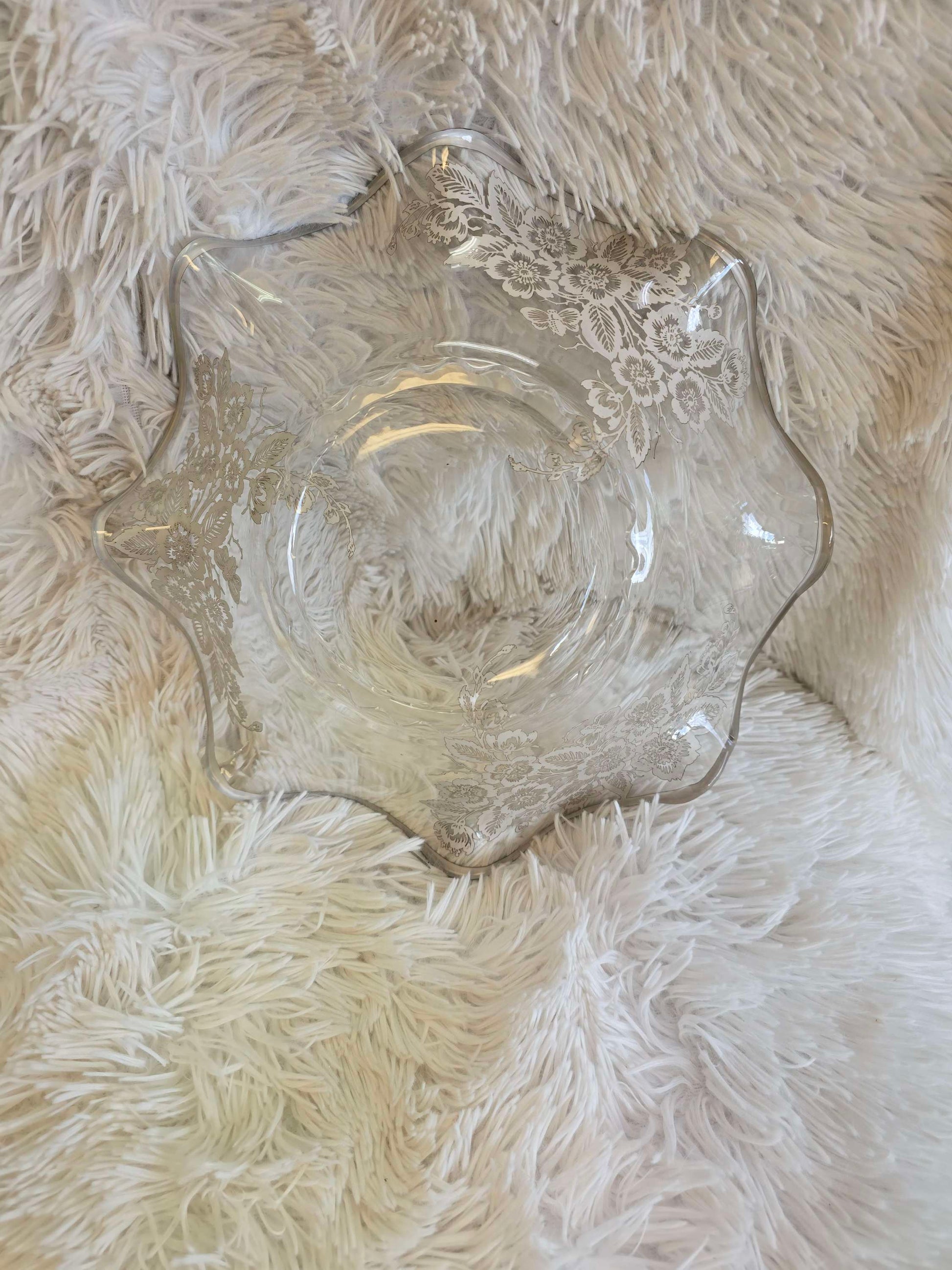 Vintage glass bowl with silver accent flowers image 3