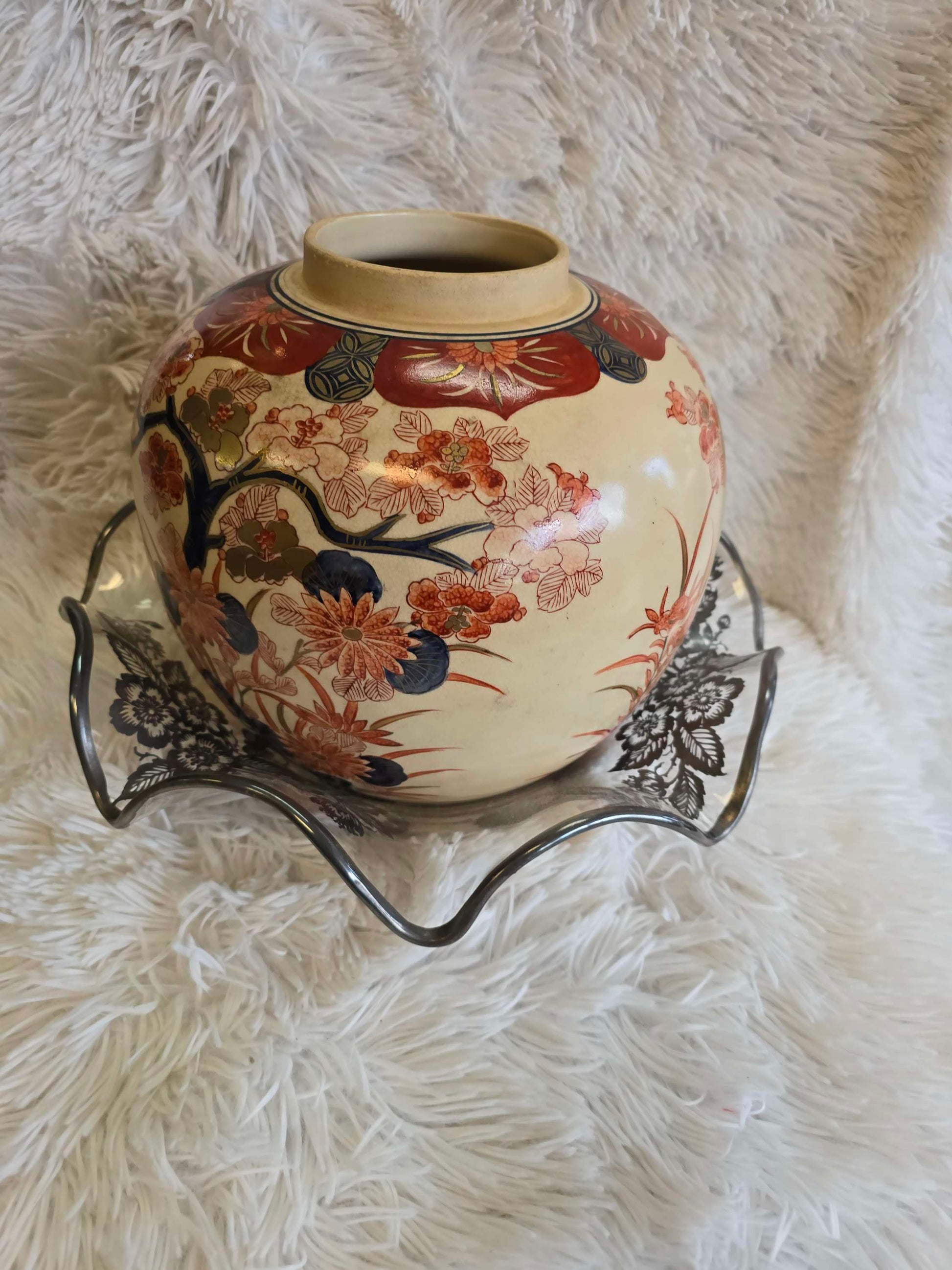 Vintage glass bowl with silver accent flowers image 5