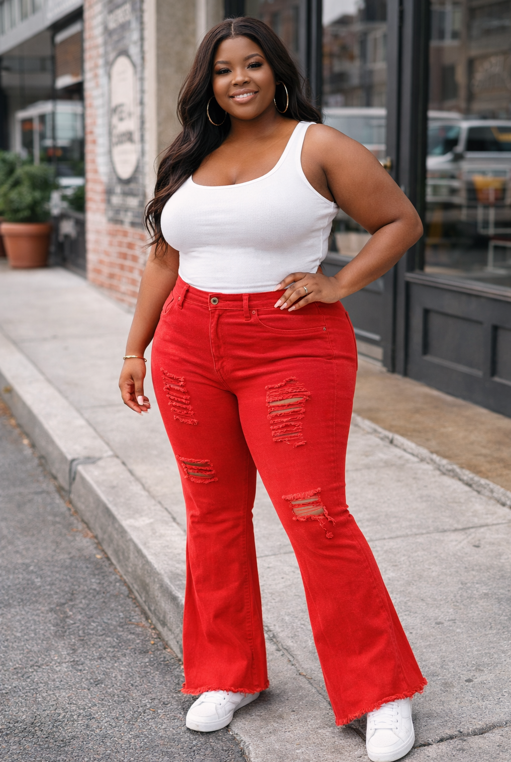 Women’s Plus Size 16W Orange Flare Jeans Distressed High Rise Stretch Denim image 2