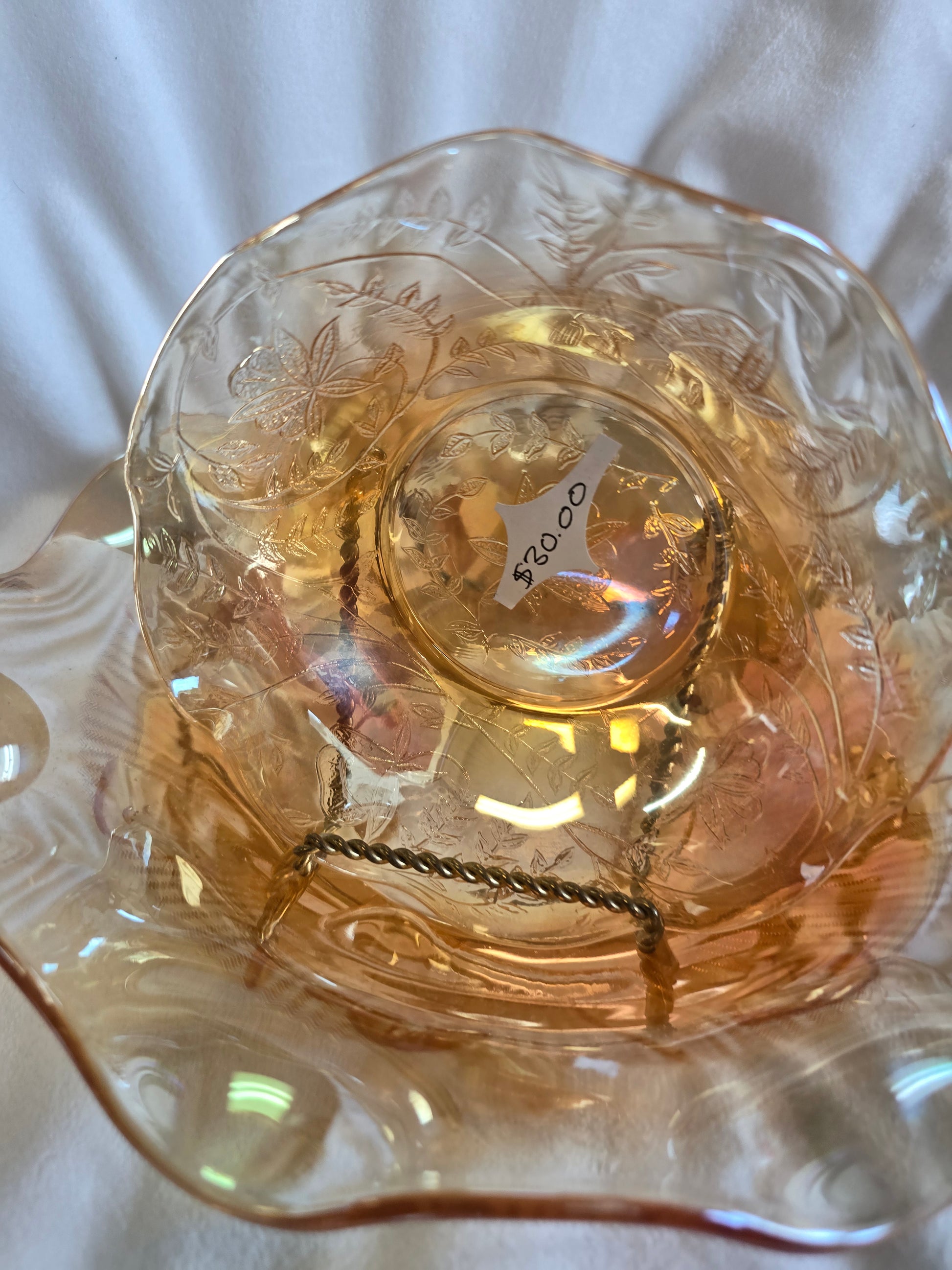 Vintage Jeannette Glass Floragold Louisa pattern Carnival glass serving bowl wit image 3
