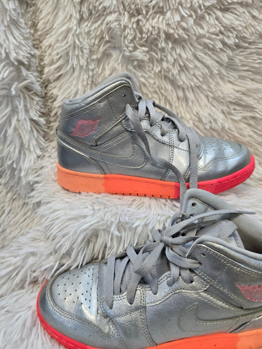 Nike Air Jordan 1 Mid GS Sneakers Metallic Silver Pink Crimson US Youth Size 5y image 0
