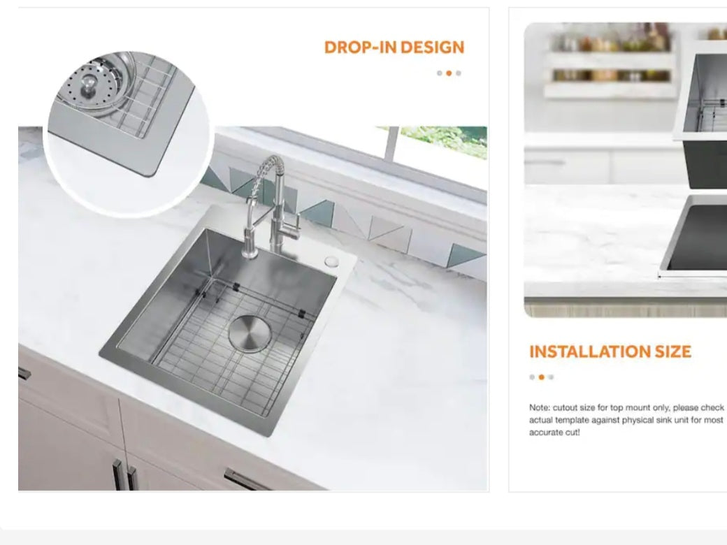 All in one dual mount 16g stainless steel 17in. 2-hole single bowl kitchen sink image 1