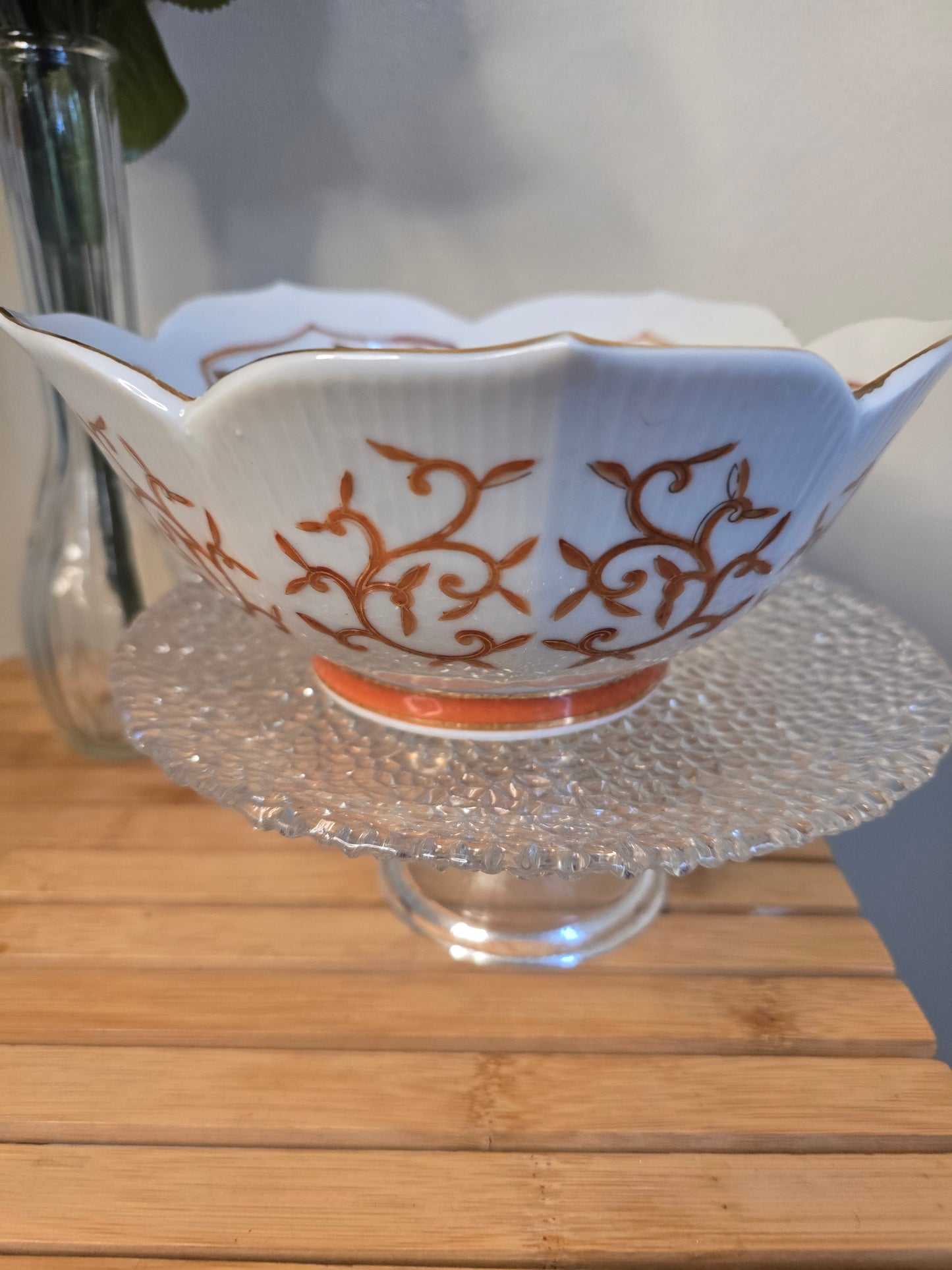 Vintage 8” Japan Lotus Bowl Scrolls Kumquat Leaves Scalloped Edges image 0