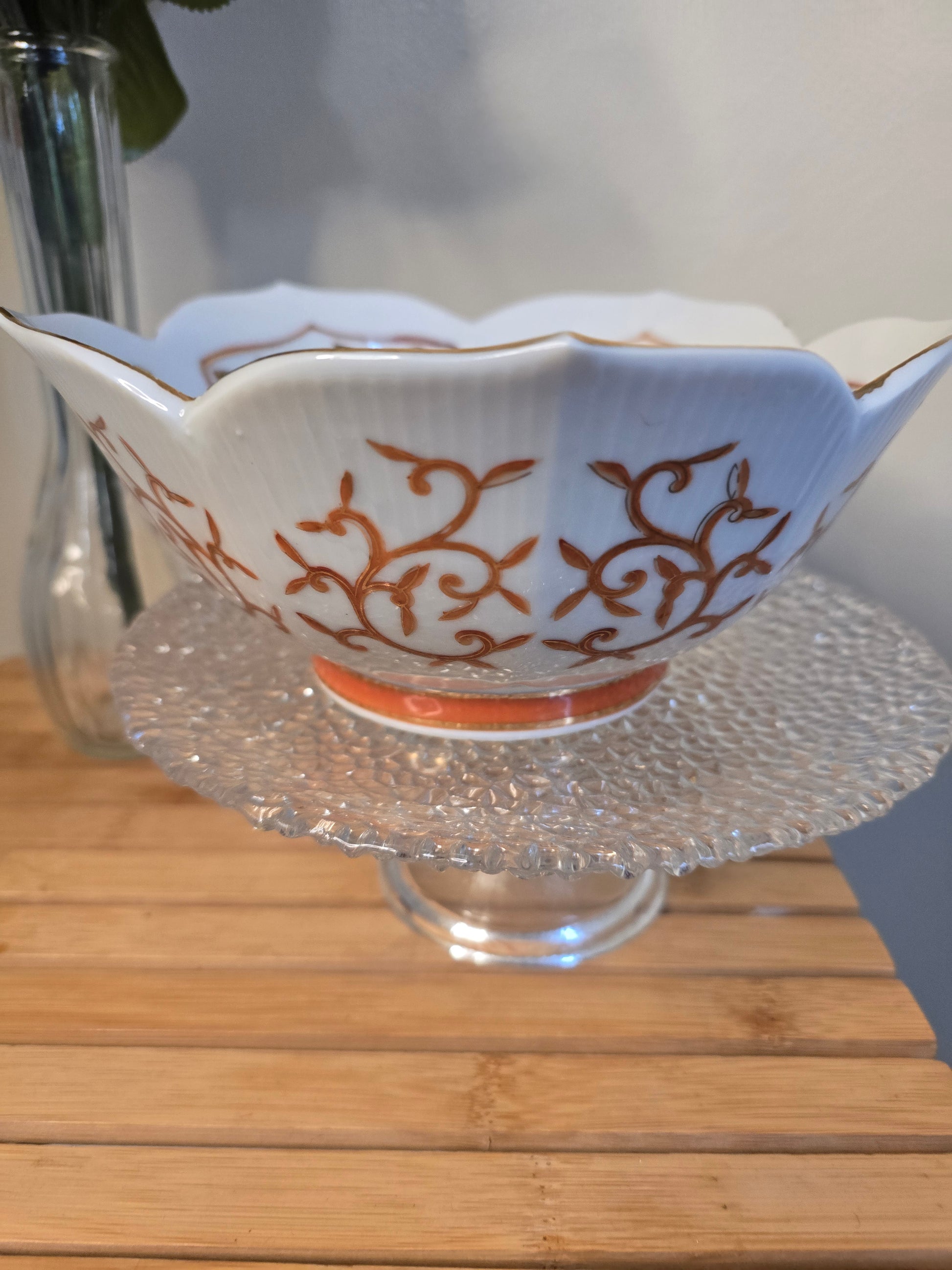 Vintage 8” Japan Lotus Bowl Scrolls Kumquat Leaves Scalloped Edges image 0