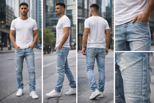 Men’s Divided Moto Jeans Size 33 Light Wash Slim Fit Ribbed Knee Biker Denim image 1