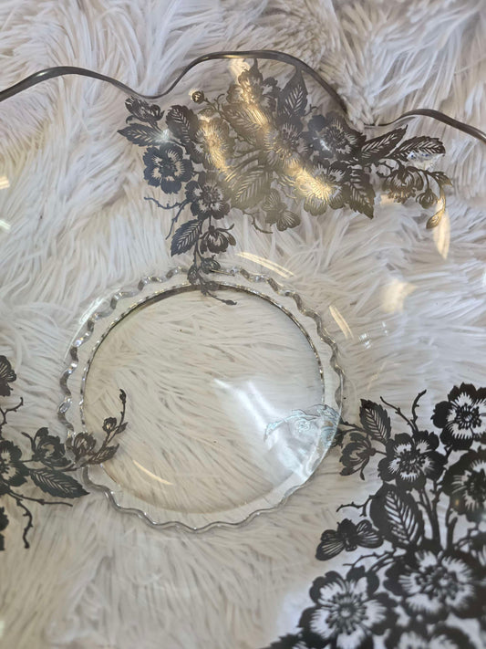 Vintage glass bowl with silver accent flowers image 1